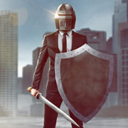 a man in a business suit, wearing a knight helmet and holding a sword and shield, standing in front of a city. he represents a managed IT services general