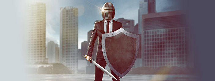 a man in a business suit, wearing a knight helmet and holding a sword and shield, standing in front of a city. he represents a managed IT services general