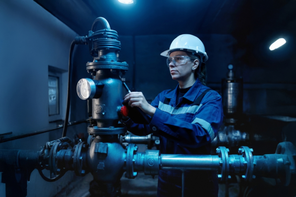 Engineer in safety gear adjusting a valve on industrial piping inside a manufacturing plant.