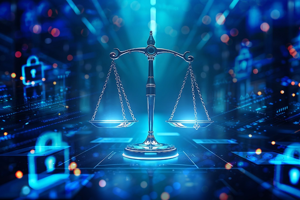 Digital rendering of justice scales surrounded by cybersecurity icons, symbolizing data protection in the legal industry.