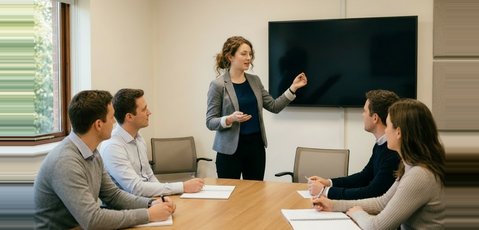 A woman standing at the head of a boardroom table gestures toward a blank wall-mounted screen while four seated colleagues take notes.