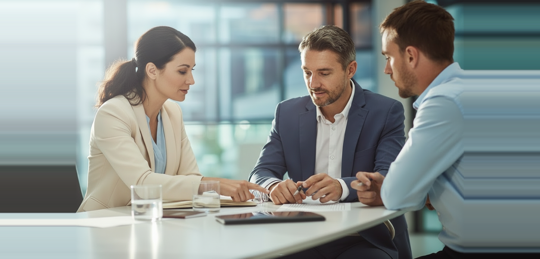 Three colleagues leaning over a conference table in a bright office, reviewing printed pages and notes together.